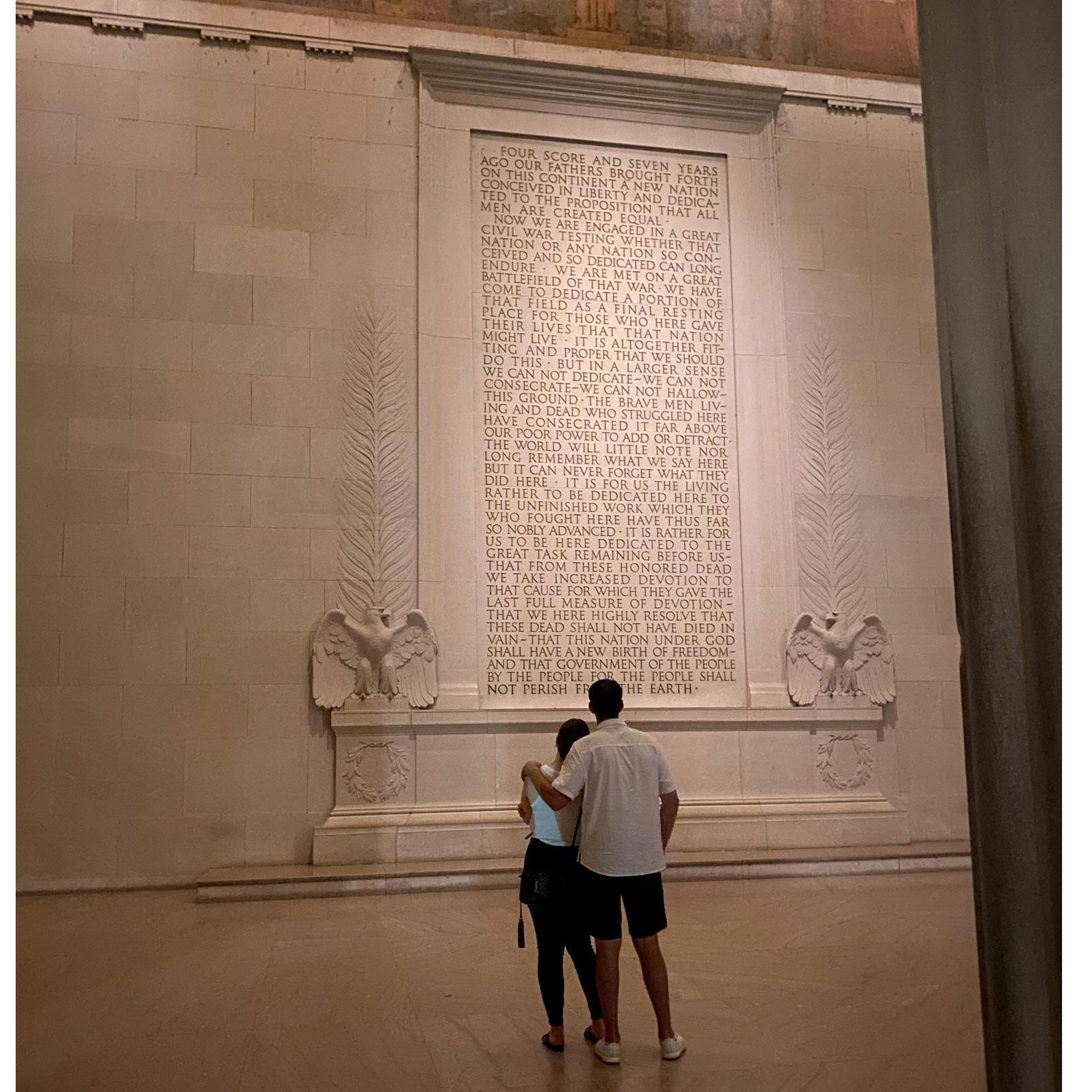 Reading the Gettysburg Address at the Lincoln Memorial in Washington, DC.