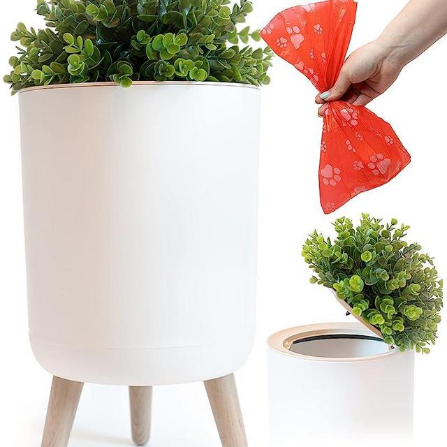 Earth & Mango® Small Outdoor Trash Can with Lid - Dog Poop Trash Can for Outdoors - Plant Styled Outdoor Garbage Can - 1.8 Gallon - Throw Away Pet Waste Discreetly