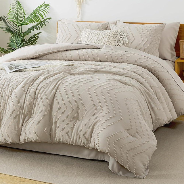 Litanika California King Size Comforter Set with Sheets Oatmeal - 7 Pieces Bed in a Bag Cal King Boho Tufted Complete Beddding Sets with Comforter, Sheets, Pillowcases & Shams
