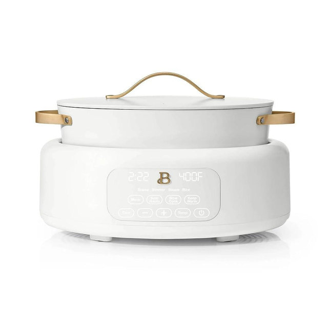Beautiful 10-in-1, 6-Qt Electric Multi-Cooker | Programmable Touch Display | 7 Presets up to 400 °F | Sear Slow-Cook Steam Rice Warm | Oven-Safe Pot & Lid (White)