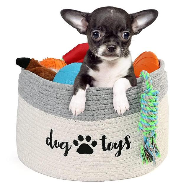 PrimePets Cotton Rope Dog Toy Basket, Small Basket with Handles, Woven Storage Bin for Dogs Pets, 15x10x9 inch Pet Basket Container Holder for Toys, White and Grey