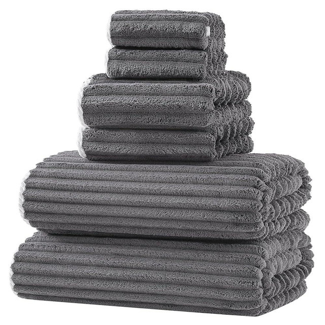 XIQ 29x59 Inches Extra Large Bath Towels Set of 6 Striped Super Soft Hanging Loop Microfiber Towels for Bathroom 2 Hand Towels 2 Washcloth Towels (Charcoal Grey, 6PCS)