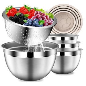 Stainles Steel Mixing Bowls with Lids Set, Stackable Metal Mixing Bowl with Strainer, 5-Piece - Beige
