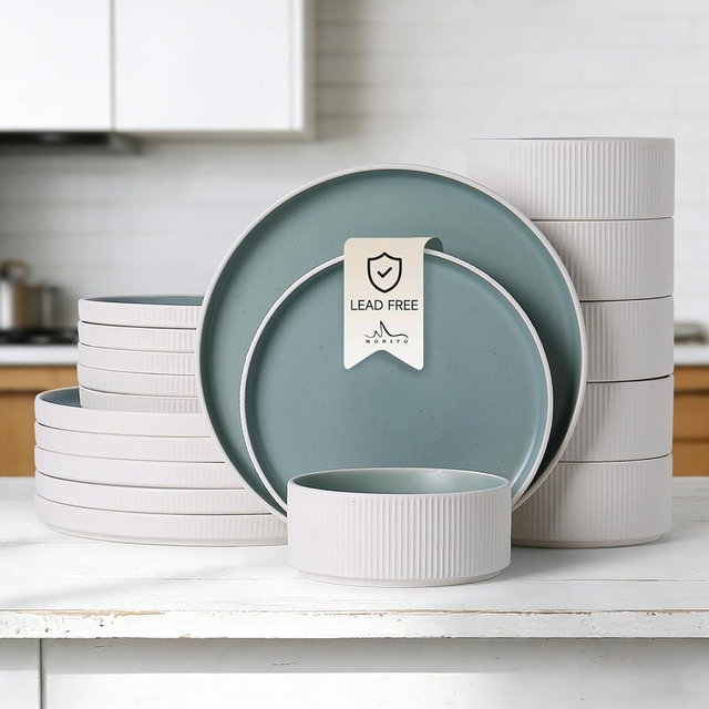 MONITO Ceramic Dinnerware Sets for 6, 18PCS Stoneware Plates and Bowls Sets, Reactive Glaze Dish Set, Chip and Scratch Resistant Double, Microwave and Dishwasher Safe, White Cyan