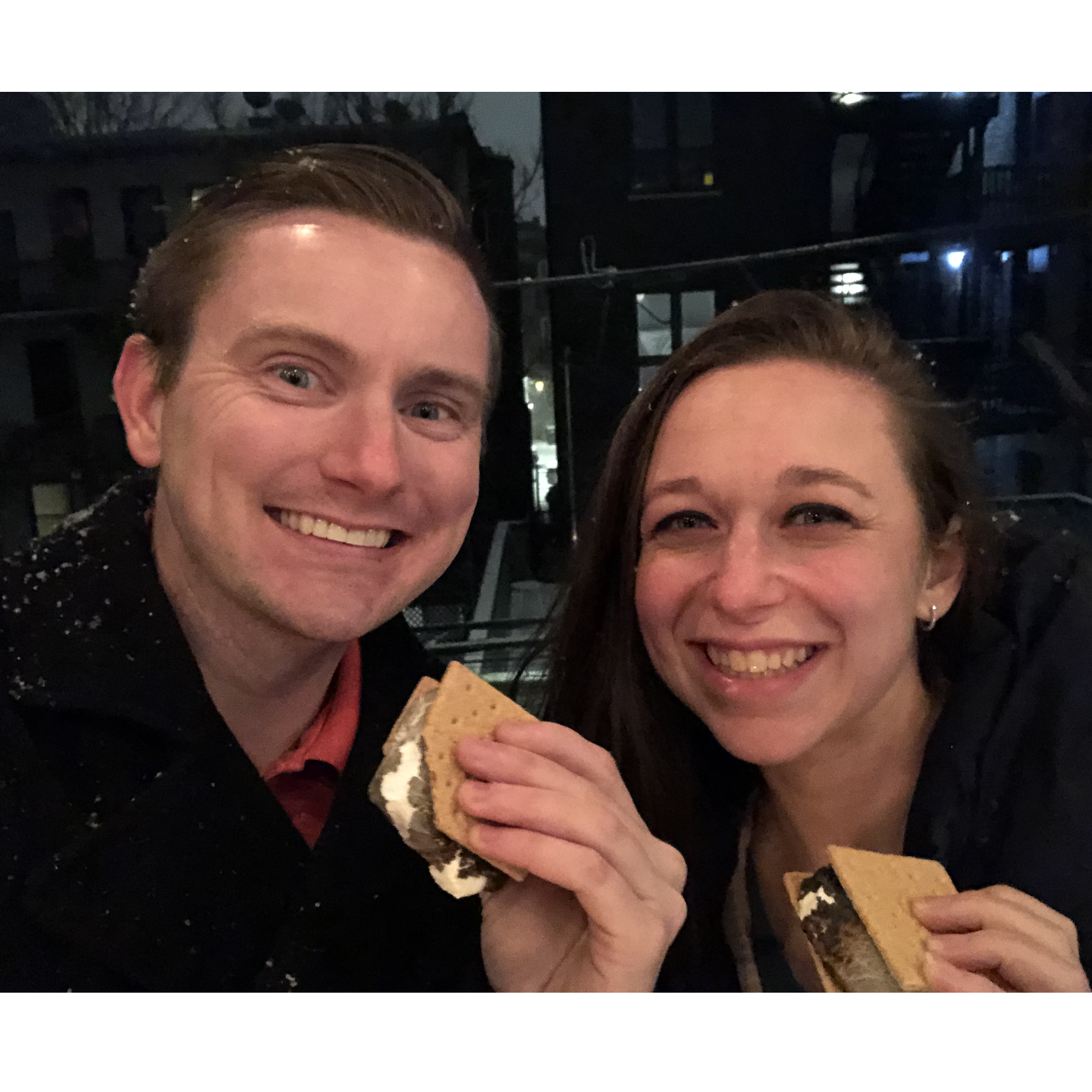 Smores on our balcony while it's snowing (don't tell our landlord we did this).