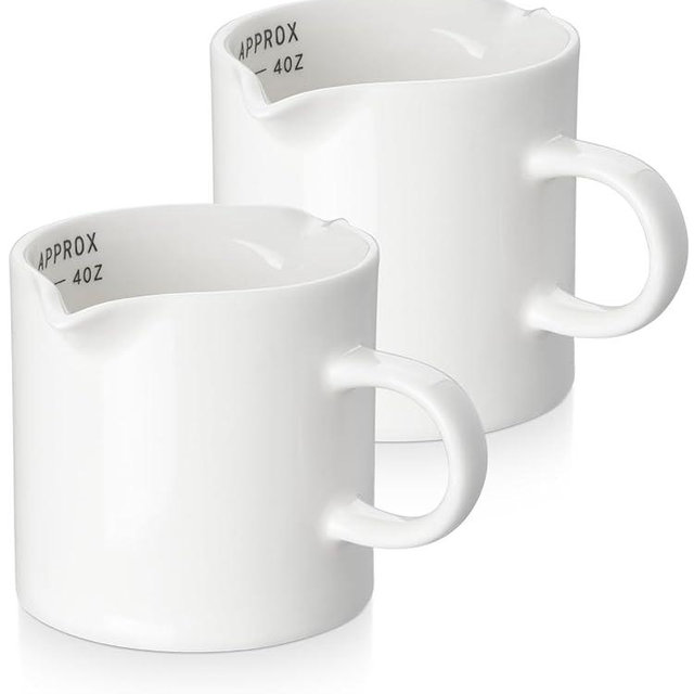 ABRUTY Espresso Cups, 5 OZ Ceramic Double Spouts Cups, Espresso Shot Cup Mug with Handle and Measuring, Small Espresso Accessories for Espresso Machine Set Suitable for Milk Coffee Syrup