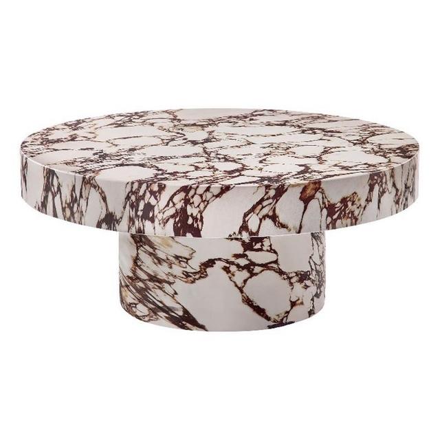 Modway Alora Round Concrete Coffee Table with Faux Stone Finish in Red Marble - Cement Accent Table for Living Room - Stone Patio Center Table - Indoor Outdoor 34 Inch Low Coffee Table
