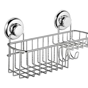 HASKO accessories Powerful Vacuum Suction Cup Shower Caddy Basket for Shampoo - Combo Organizer Basket with Soap Holder and Hooks - Stainless Steel Holder for Bathroom Storage (Chrome)