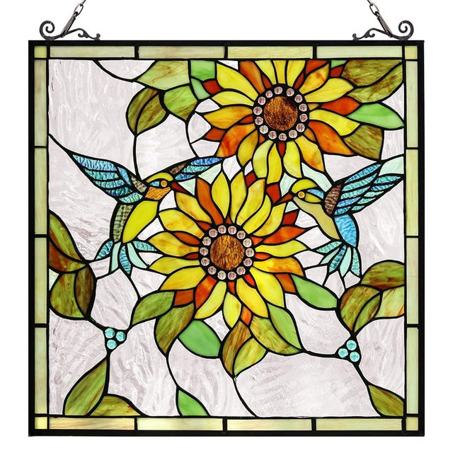 Sunflower and Birds Large Stained Glass Panels Window Hangings Tiffany Glass Traditional Art Crafts for Home Decor Gifts