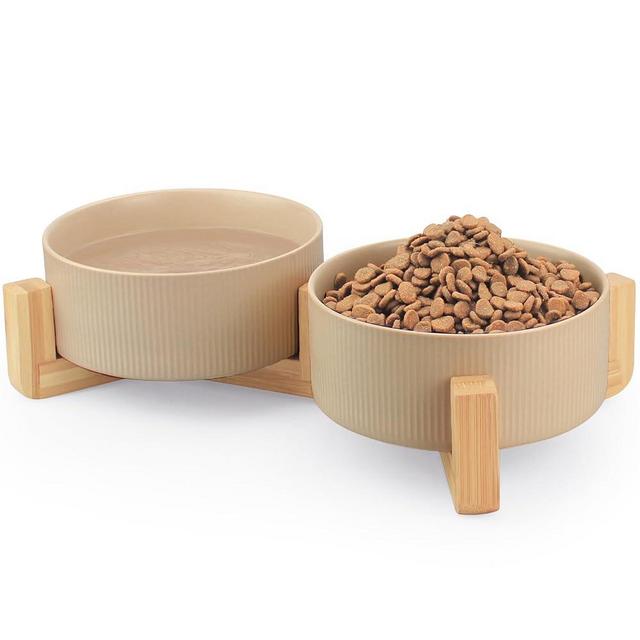 Ptlom Ceramic Pet Bowls for Dog and Cat, No Spill Dog Food and Water Bowl Set with Anti-Slip Wooden Stand, Riased Puppy Feeding Dishes Suitable for Small, Medium and Large Cats Dogs, Khaki 28 OZ