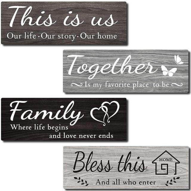 4 Pieces Home Wall Decor Signs, This is Us/ Together/ Bless this/ Family Rustic Wooden Wall Art with Quotes for Living Room Bedroom Kitchen Farmhouse Decor,Housewarming Gifts (Grey Black White, 15 x 5.1 inch)