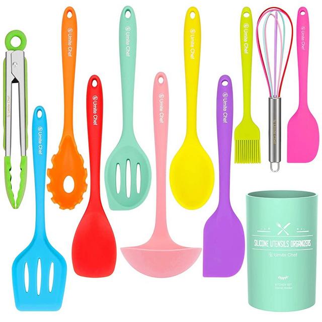 Silicone Cooking Utensils Kitchen Utensil Set-12 Pieces Colorful Kitchen Utensils Cooking Tools Turner Tongs Spatula Spoon for Nonstick Cookware - Best Kitchen Tools with Utensil Crock by Umite Chef