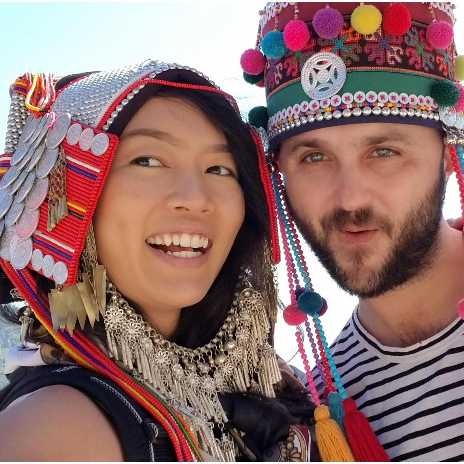 Dressed in Thai Traditional Northern Tribe head dresses.
