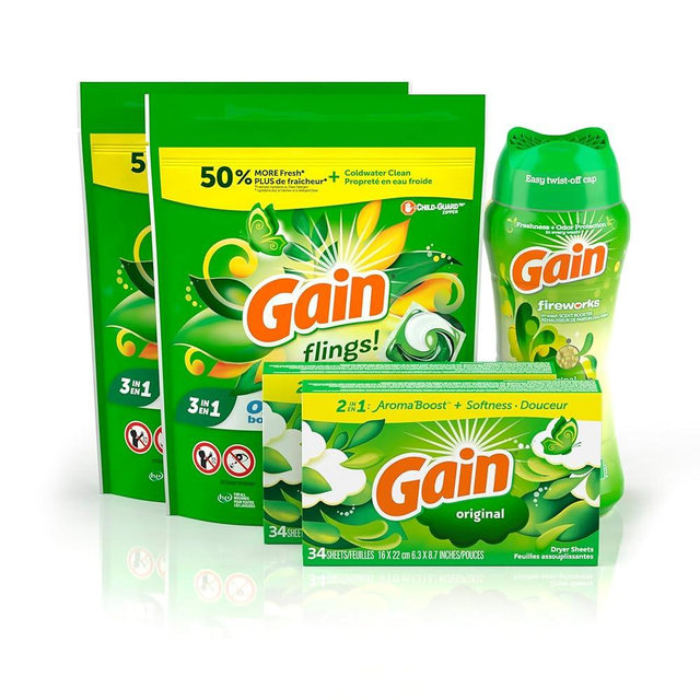 Gain Laundry Bundle: Gain Flings Laundry Detergent Pacs (2x31ct), Gain Dryer Sheets (2x34ct), Gain Fireworks Laundry Scent Booster Beads (12.2 oz)