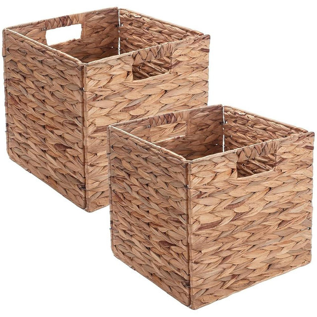 Set of 2 Wicker Storage Basket, Woven Baskets for Storage, Foldable Wicker Storage Baskets for Shelves, Cube Storage Bin for Shelves, Water Hyacinth Laundry Organizer Square Baskets, 12''x12''x12''