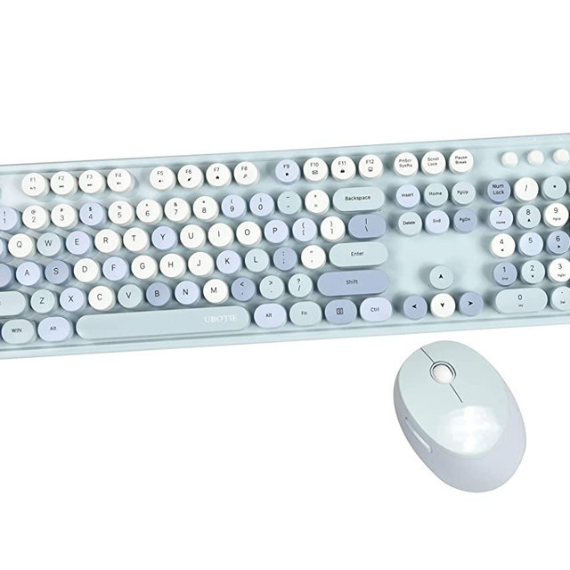 UBOTIE Colorful Computer Wireless Keyboard Mouse Combos, Typewriter Flexible Keys Office Full-Sized Keyboard, 2.4GHz Dropout-Free Connection and Optical Mouse (Blue-Colorful)