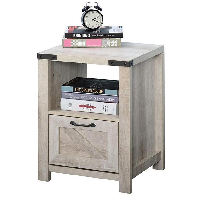 HOMCOM Industrial Side Table with 1 Drawer 1 Open Shelf and Big Tabletop for Living Room or Bedroom, Oak
