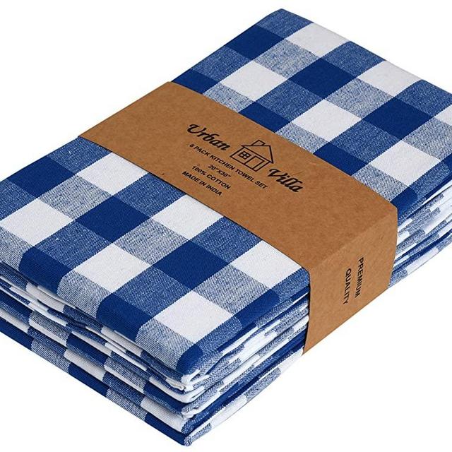 Urban Villa Kitchen Towels, Premium Quality, 100% Cotton Dish Towels,Mitered Corners, Ultra Soft (Size: 20X30 Inch), Blue/White Highly Absorbent Bar Towels & Tea Towels - (Set of 6)