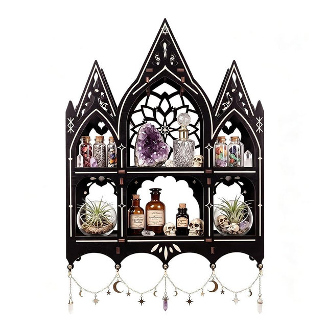 FNYDOX Gothic Trinket Shelf, Wall Shelf for Bedroom, Black Floating Shelves Gothic Witchy Home Decor Aesthetic Wall Goth Room Decor Decorative Crystal Display Shelves Vintage Gift