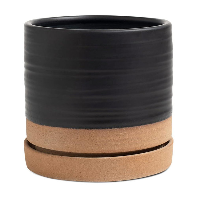 HERDUK 6 Inch Plant Pots, Ceramic Planter Pot with Drainage Hole & Saucer, Indoor/Outdoor Cylinder Round Planter Pot, Matte Black & Brown