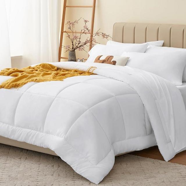 CozyLux White Comforter Queen Comforter Set - 7 Pieces Bed in a Bag Comforters Queen Size, Bedding Sets with All Season Quilted Comforter, Flat Sheet, Fitted Sheet, Pillowcases, White, Queen