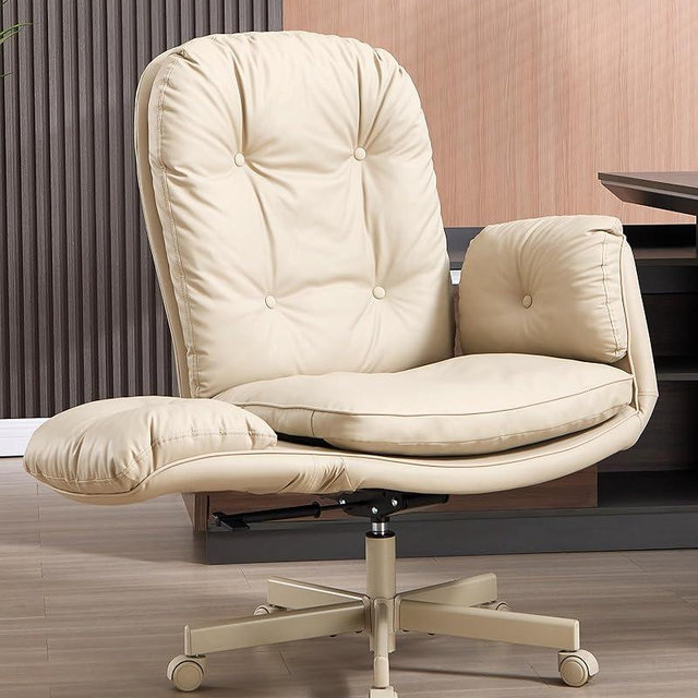 LukkDys Executive Office Chair, Big & Tall 400 lbs Capacity, Wide Seat, PU Leather, 5-Gear Lay-Flat Armrests (90°–180°) for Cross-Legged Comfort, 90–115° Recline, High Back Desk Chair, Beige