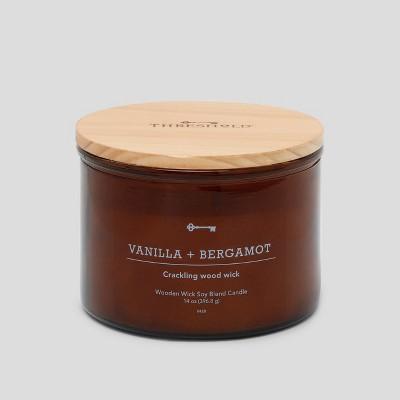 14oz Lidded Glass Jar Crackling Wooden 3-Wick Candle Vanilla &#38; Bergamot - Threshold&#8482;