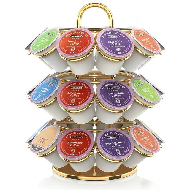LAIMEQAY K Cup Holder, Carousel Coffee Pod Holder Compatible with 27 K Cup, Spins 360-Degrees, 3 Tier K Cup Organizer for Kitchen Counter — Home or Office Storage, Anti-Slip Base, No Assembly, Gold