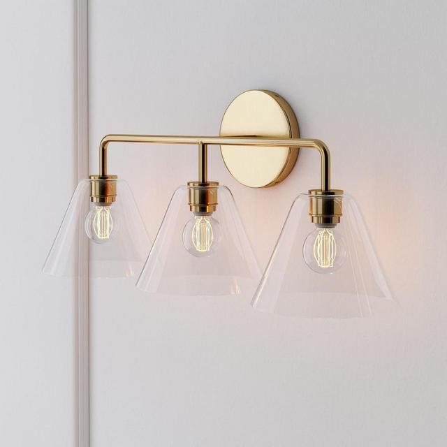 Sculptural 3-Light Sconce, Cone Mini, Clear, Antique Brass, 8"