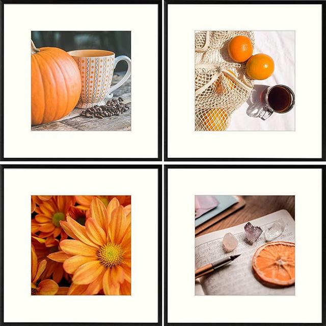 Golden State Art, 12x12 Aluminum Frame for 8x8 Photo Display - Metal Wall Mounting Square Photo Frame Collection with Ivory Color Mat and Real Glass (Black, 4-Pack)