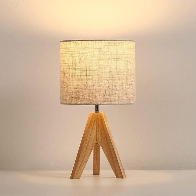 DEWENWILS Bedside Table Lamp, Tripod Table Lamp Wood with Linen Fabric Shade, Small Nightstand Lamp for Nursery, Bedroom, Kids Room, Side Table, Reading Desk -14.2 inches, ON/Off Switch