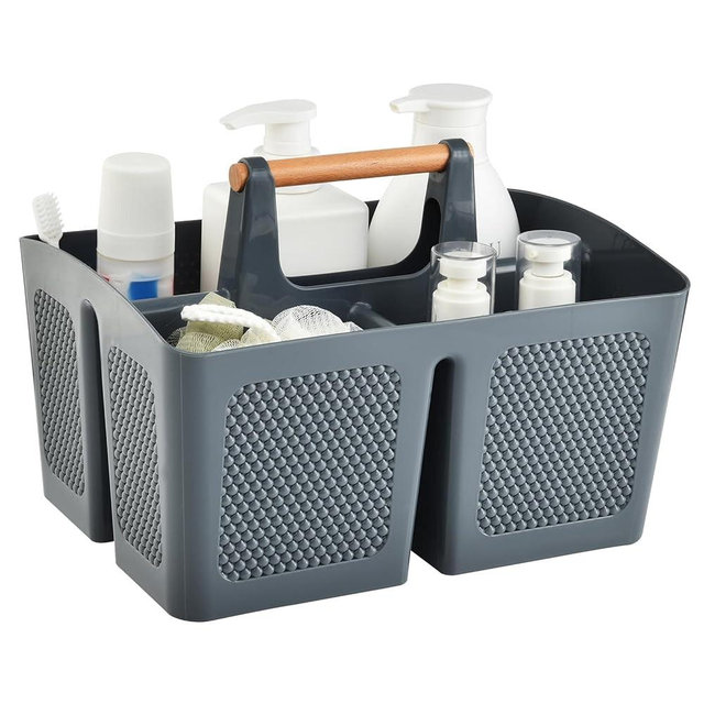 Haundry Plastic Gray Shower Caddy Basket with 3 Compartments, Portable Divided Bathroom Cleaning Caddy Organizer Storage Tote with Handle for Dorm,College, Room Essentials