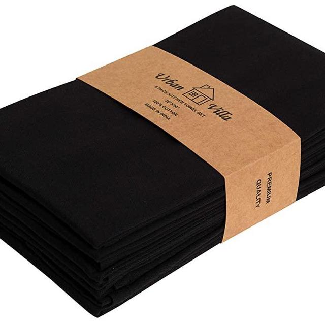 Urban Villa Kitchen Towels, Premium Quality,Solid Satin Weave 100% Cotton Dish Towels, Ultra Soft (Size: 20X30 Inch), Black Highly Absorbent Bar Towels & Tea Towels - (Set of 6)