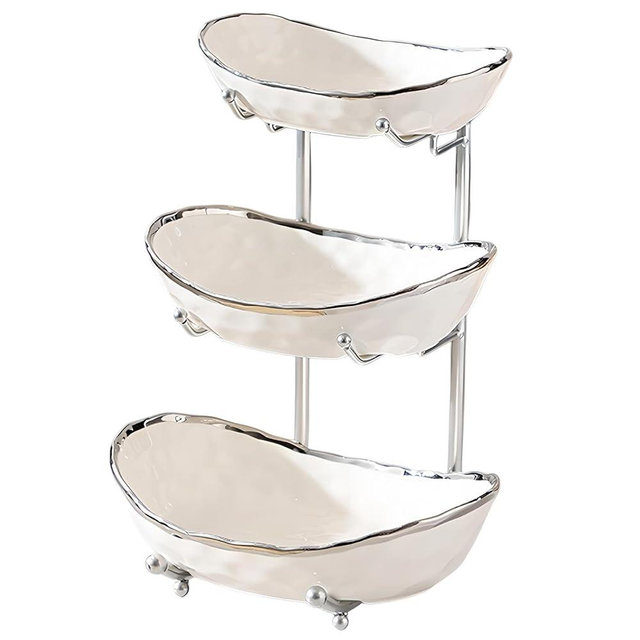 XUDREZ 3 Tier Fruit Bowl with Metal Stand for Kitchen Counter, Ceramic White Gold Silver, Tiered Fruit Basket for Nuts, Snacks, Bread, Candy Storage (White B)