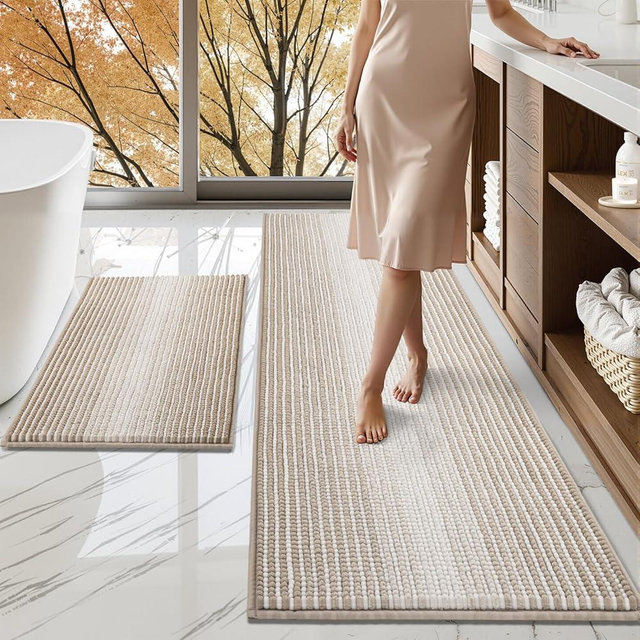 BSICPRO Bathroom Rugs and Mats Sets, 2 Piece Thick Absorbent Chenille Bath Mat Rug Set Non Slip, Soft Shaggy Bath Room Floor Mats for Bathroom, Machine Washable (Light Taupe, 24" x 70" Plus 20" x 32")