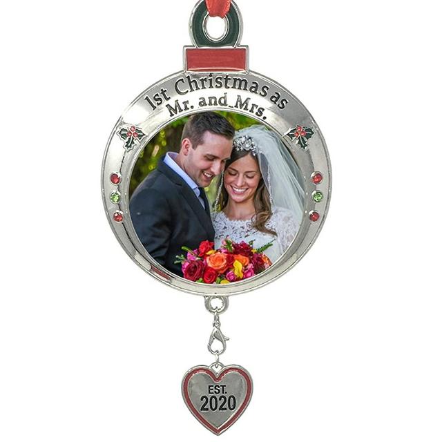 BANBERRY DESIGNS Wedding Ornament - 1st Christmas as Mr. and Mrs. EST 2020 - Red and Green Picture Ornament Shaped Like an Ornament Bulb - Our First Christmas Marriage Husband Wife Married