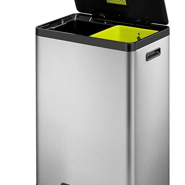 EKO EcoCasa II Dual Compartment Rectangular Kitchen Step Trash Can Recycler, 20L+20L, Brushed Stainless Steel Finish