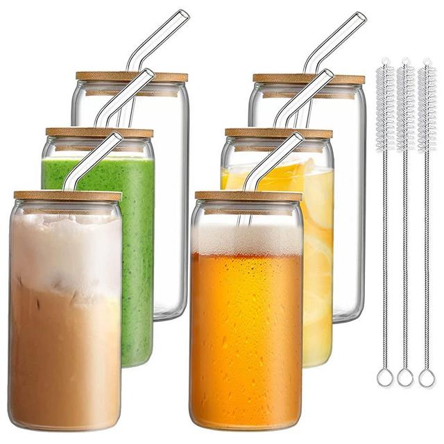 Glass Cups with Lids and Straws,20oz Thick Drinking Glasses Set of 6,Iced Coffee Cup,Beer Can Glass Tumbler