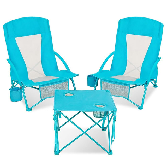 Chiyhshaa Folding Beach Chair Set of 3, Portable Camping Chairs with Table, Carrying Bag, Cup Holders, Outdoor Breathable Mesh Seat, 225lbs Heavy Duty Beach Chair for Camp Sand Travel Sunbathing