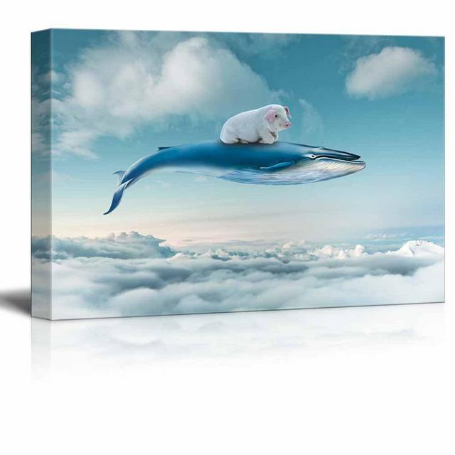 wall26 - Funny Flying Animals Canvas Wall Art - A Little Pig Flying with a Whale Above The Clouds - Gallery Wrap Nursery Wall Decoration/Kids' Room Decor | Ready to Hang - 16x24 inches