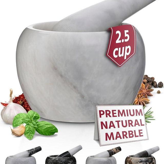 Gusto Nostro Natural Marble Mortar and Pestle Set | 5 Inch - 2.5 Cup Large Mortar Pestle Set for Grinding Herbs, Nuts, Grains | Pesto Grinding and Guacamole Stone Bowl | Marble Spice Crusher