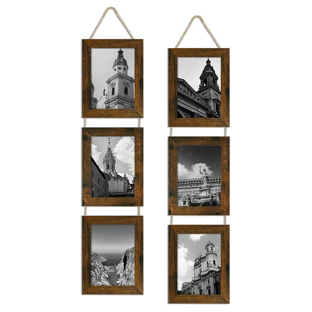 ccdcc 5x7 Collage Picture Frames Set of 2, Rustic Wooden Real Glass Vertical Hanging 3 Opening 5 by 7 Photo Frame, Brown