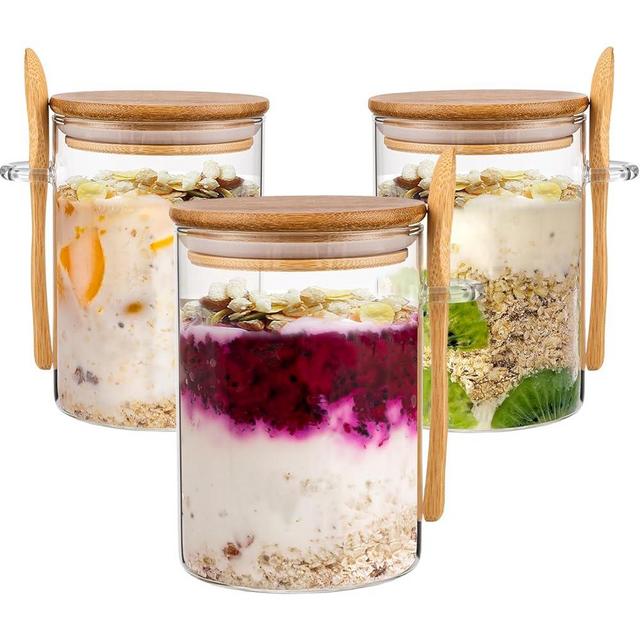 Famyards Glass Jars with Bamboo Airtight Lid and Spoon, Overnight Oats Containers with Lids, Decorative and Durable 17 Oz Kitchen Glass Canisters for Coffee Beans, Matcha, Flour, Sugar, Nuts, 3 Pcs
