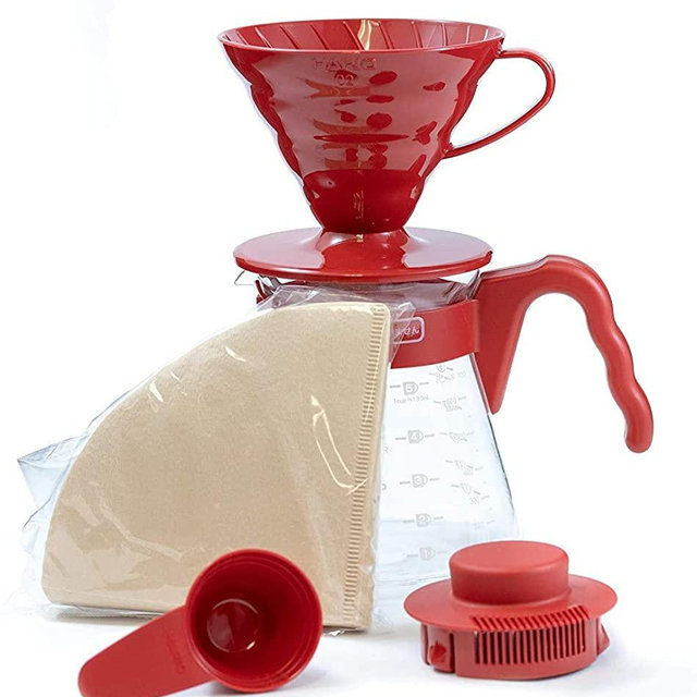 Hario Pour Over Coffee Starter Set Coffee Dripper Set Dripper, Glass Server, Scoop and Filters Size 02, Red