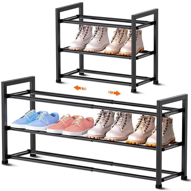 Bumusty Expandable Shoe Rack for Closet, Adjustable Small Shoe Rack for Entryway, Shoe Rack for Small Space, Extendable Shoe Organizer for Front Door, Sturdy Metal, Black 3-Tier