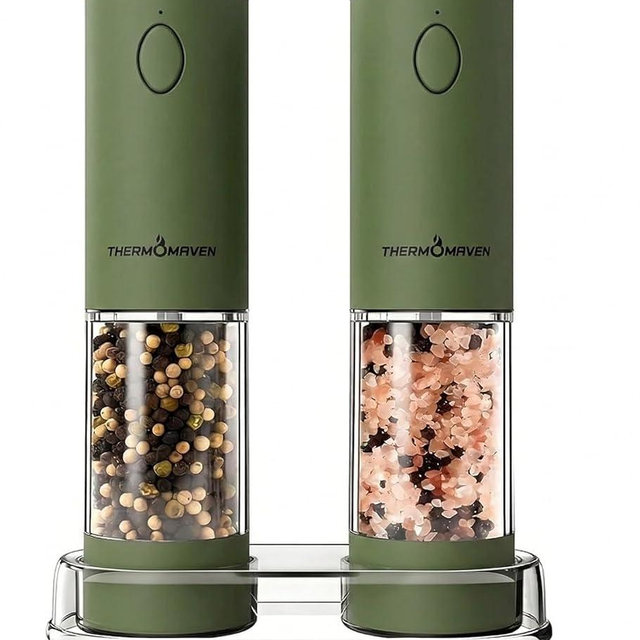 ThermoMaven Electric Salt and Pepper Grinder Set, 110ml Larger Rechargeable Automatic Salt and Pepper Mill Grinder with 6 Adjustable Coarseness, Electric Salt and Pepper Shakers, LED, Matcha
