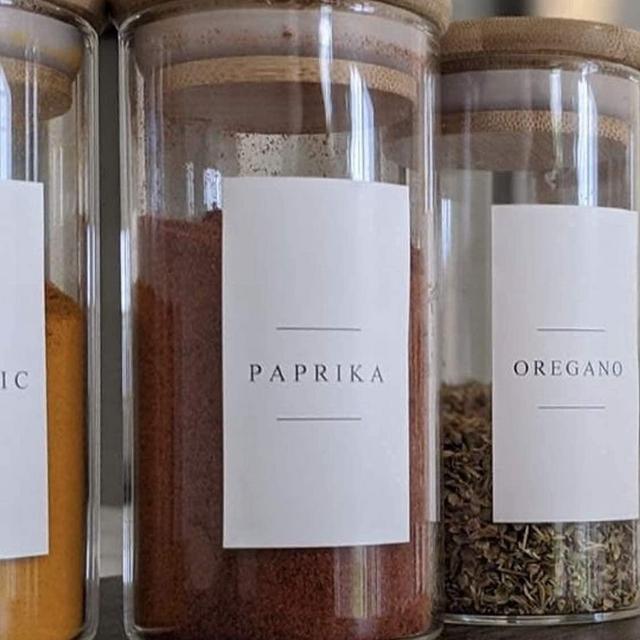 12 Piece- 4oz Eco-friendly Bamboo Lid Glass Spice Jar Set with 84-Minimalist Pre-Printed Waterproof Spice Labels, 16-Blank Labels– For Spices, Seasoning, Herb Storage and Kitchen Organization