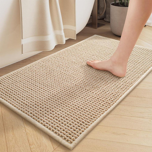 Color&Geometry Standard Sized Bathroom Rugs Upgraded Denser Chenille Pile- 17"x28.5" Non Slip Absorbent Beige Bath Mats for Bathroom Thin Fit Under Door, Washable Quick Dry