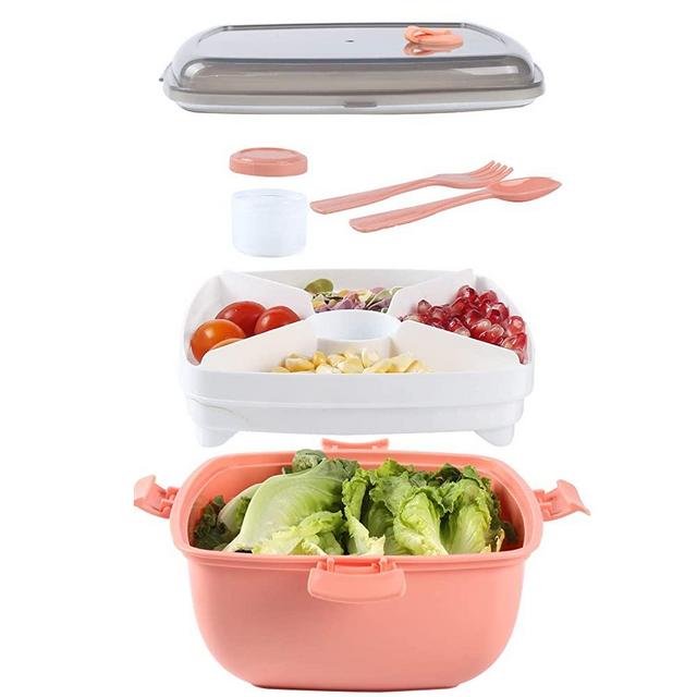 Salad Container to Go for Lunch, BPA-Free, 4-Compartment Bento Style Bowl for Salad Toppings and Snacks, with Dressing Sauce Container, and Built-in Reusable Fork Spoon, (Rose)