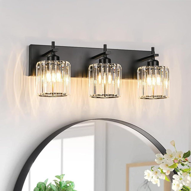 HUOKU Black Crystal Bathroom Vanity Lights, Modern 3-Lights Bathroom Lighting Fixtures Over Mirror, Crystal Wall Lighting with Round Shade